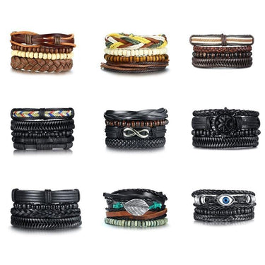 4Pc Braided Black Leather & Wood Nautical Bracelet Set-9 Designs